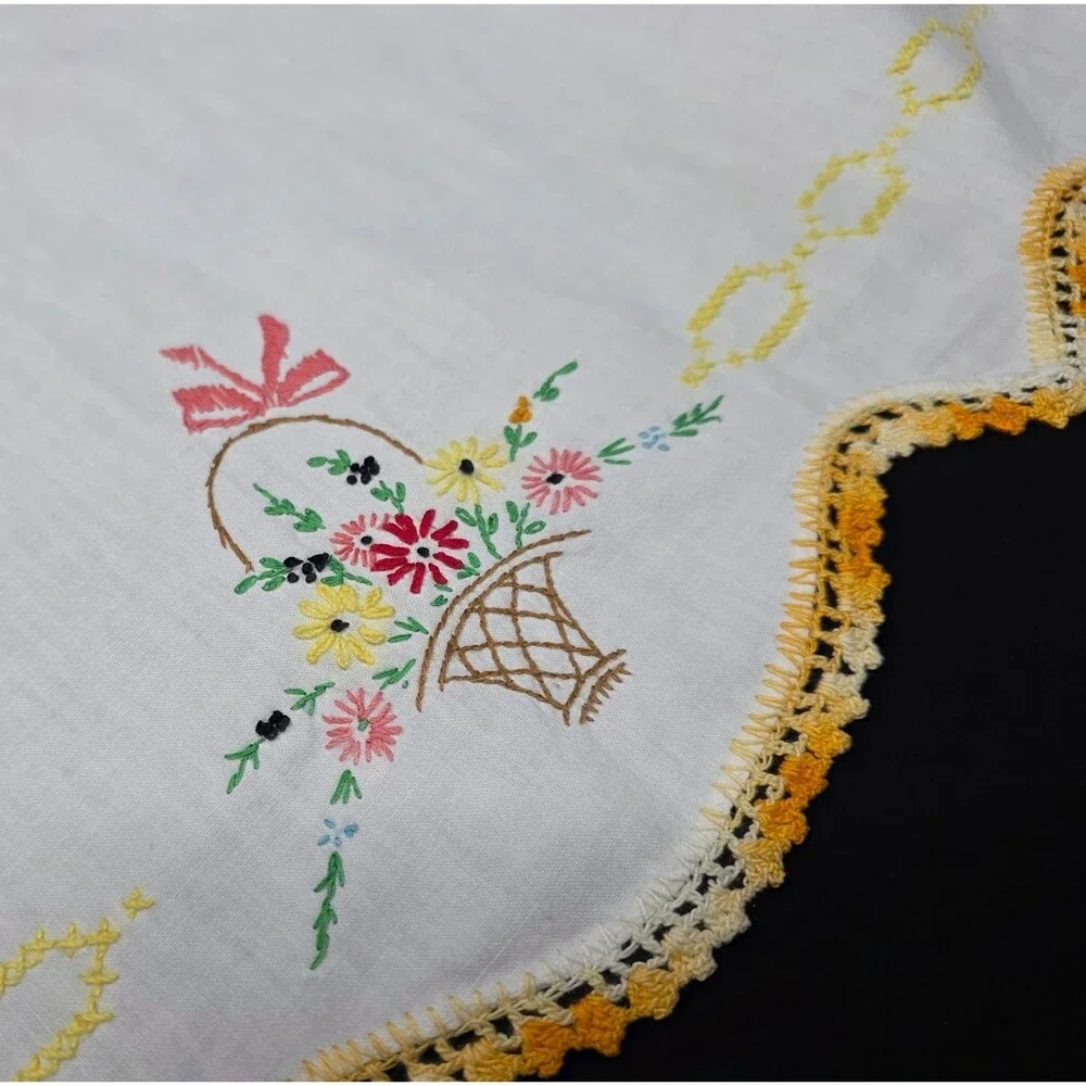 Vintage Embroidered Table Runner – Yellow Floral with Crochet Trim – 19.5
